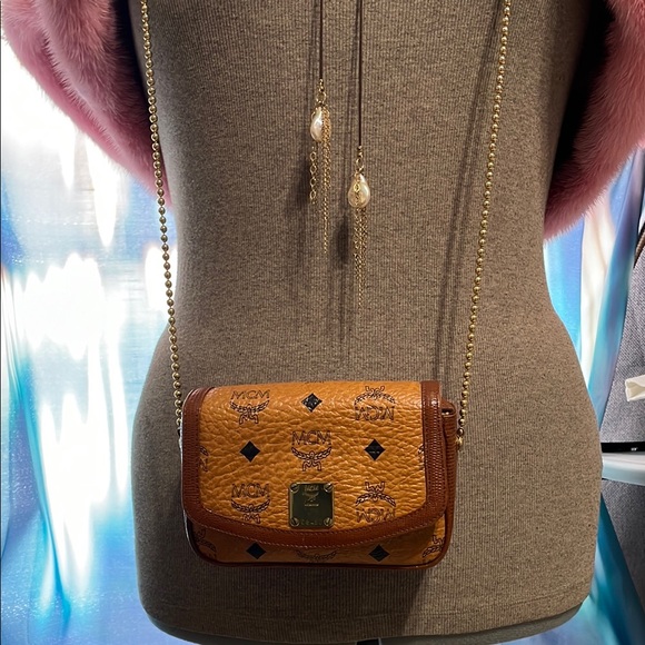 EUC VINTAGE MINI MCM Tan and Brown Monogram Crossbody Bag with Gold Chain - Picture 1 of 6